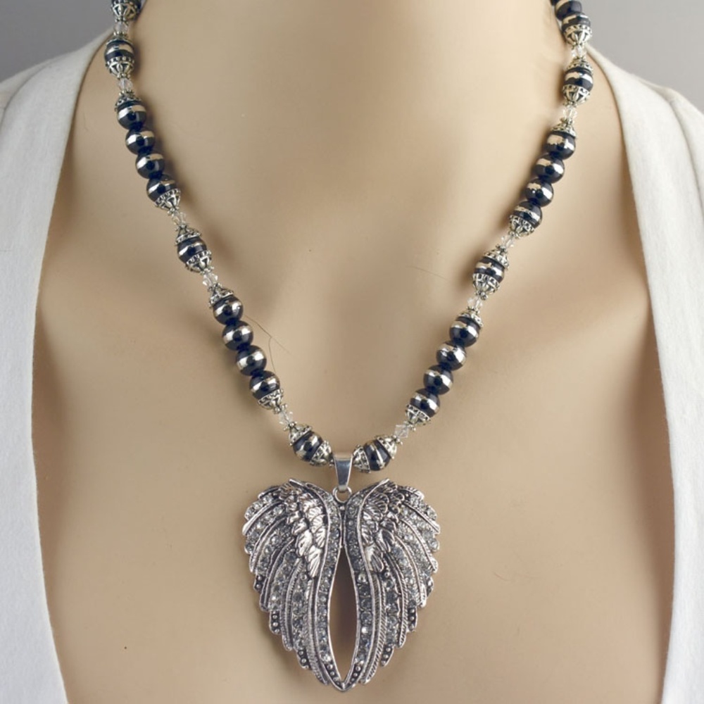 Silver/Black Glass Angel Wing Necklace Set